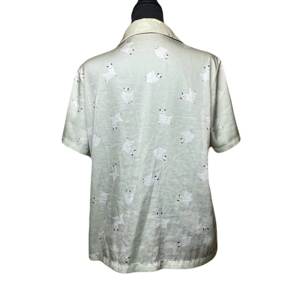 Ubras Womens Sage Green Llama Print Satin Pajama Top Short Sleeve Button Up M - Picture 3 of 6